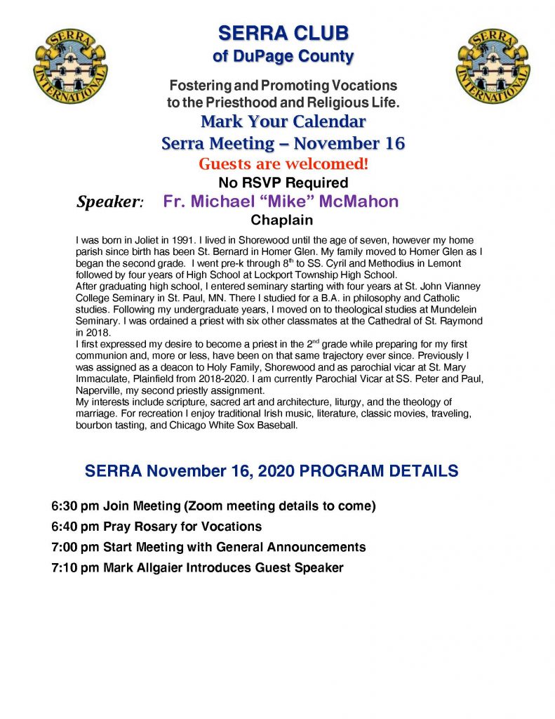 Serra November 16 Meeting – Serra Club Of Dupage County